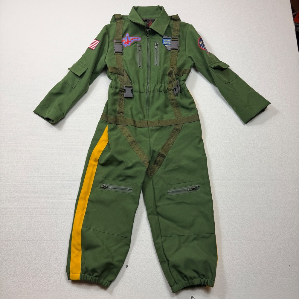 Authentic Kids Pilot Flight Suit Costume Green Aerial Division Boys Small 5/6